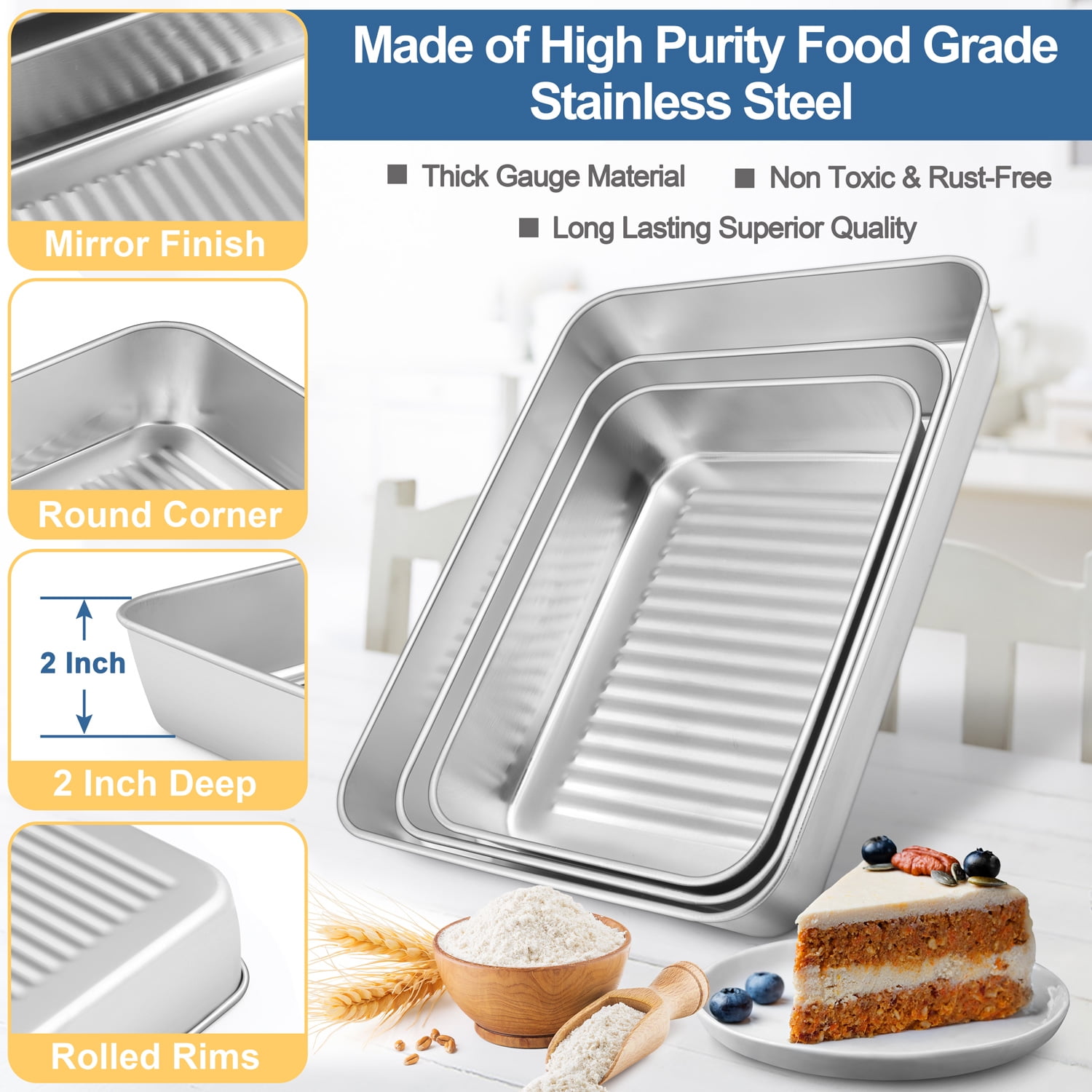 E-far Stainless Steel Baking Pan with Lid, 12⅓ x 9¾ x 2 Inch Rectangle  Sheet Cake Pans with Covers Bakeware for Cakes Brownies Casseroles,  Non-toxic 