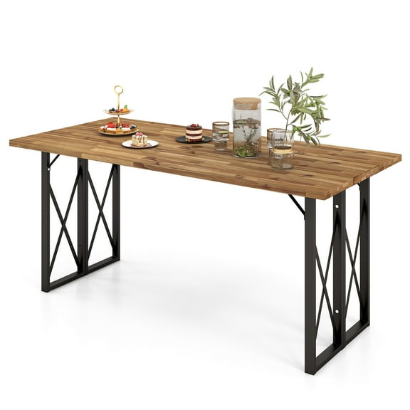 Costway 67'' Patio Rectangle Table Heavy-Duty Acacia Wood Dining Table with Umbrella Hole
