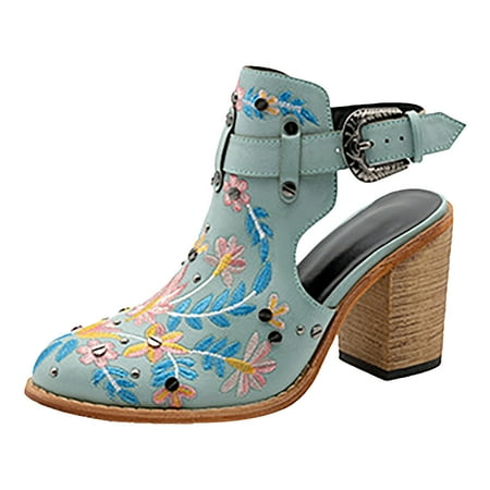 

LUOGENLI Female Summer White Sandals Women Wide 2024 New Europe and the United States Foreign Trade Embroidery Retro High Heeled Shoes with Hollow Back Round Head Sandals Female Sandals Women Heels