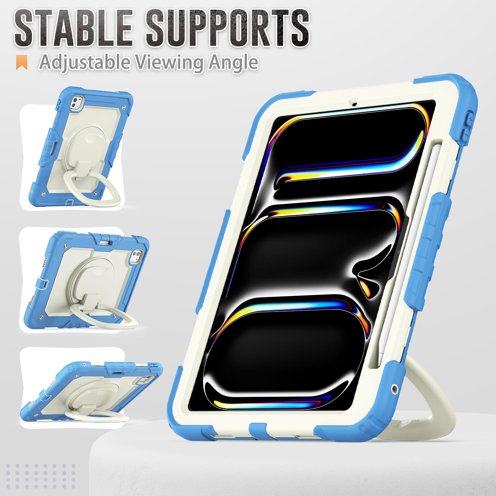 Allytechgroup iPad Pro 11 M4 2024 Case with Screen Protector, Heavy Duty Shockproof Kickstand Handle Bumper Pencil Holder Anti-Scratch Kids Friendly Case Cover for Apple iPad Pro 11" 2024, Blue