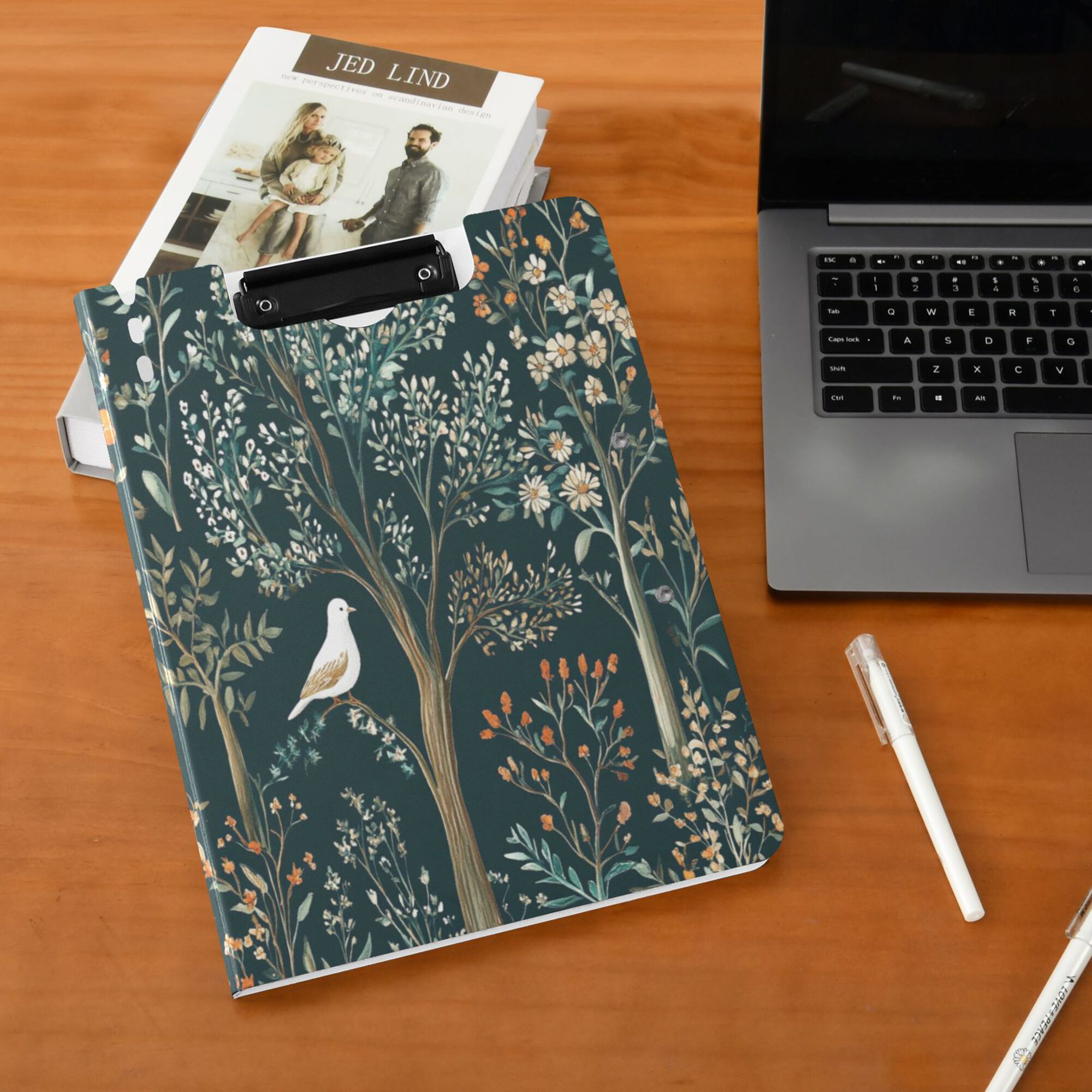 FORMRS A4 Clipboard Folder with Pen Holder Horizontal Foldable School Office Binder, Floral Forest Scene