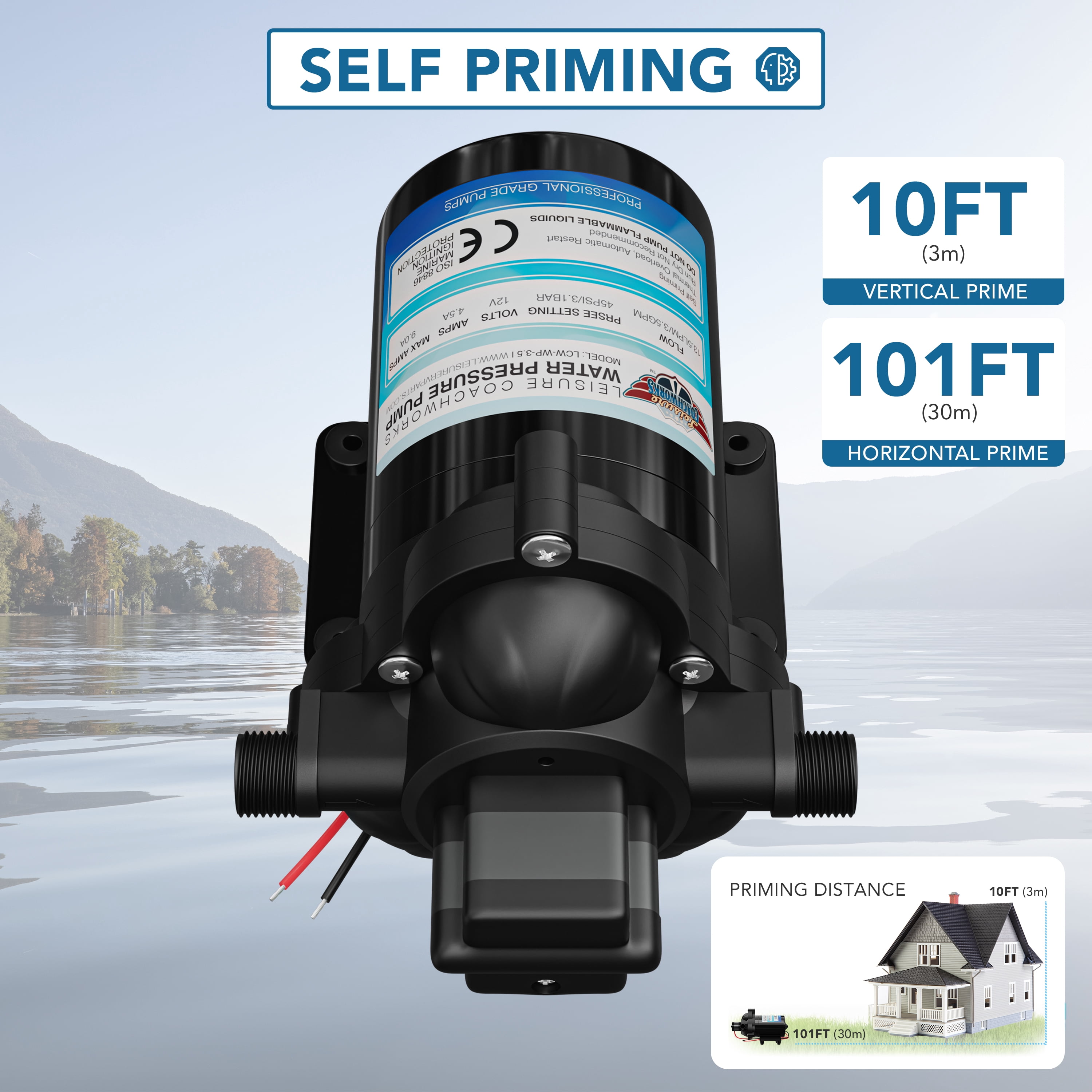 Leisure Coachworks Fresh Water Pump, 12V DC Self Priming Diaphragm Water Pump, 3.5 GPM with Adapters, Strainer Filter for RV, Yacht, Garden, Camper
