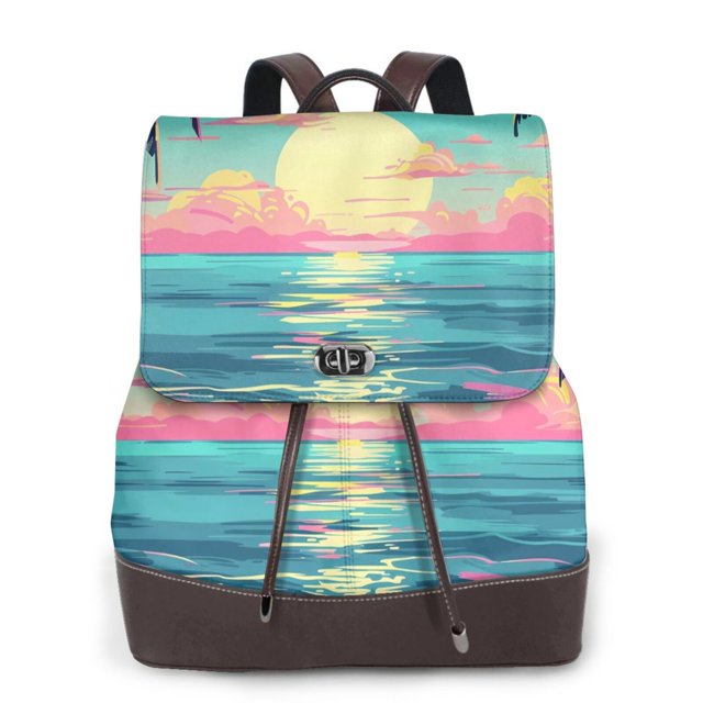 Fotbe Retro Palm Beach Sunset Mochila Bolso con Estampado para Mujer, Mochila Antirrobo de Nylon Impermeable, Bolsa Ligera de Hombro