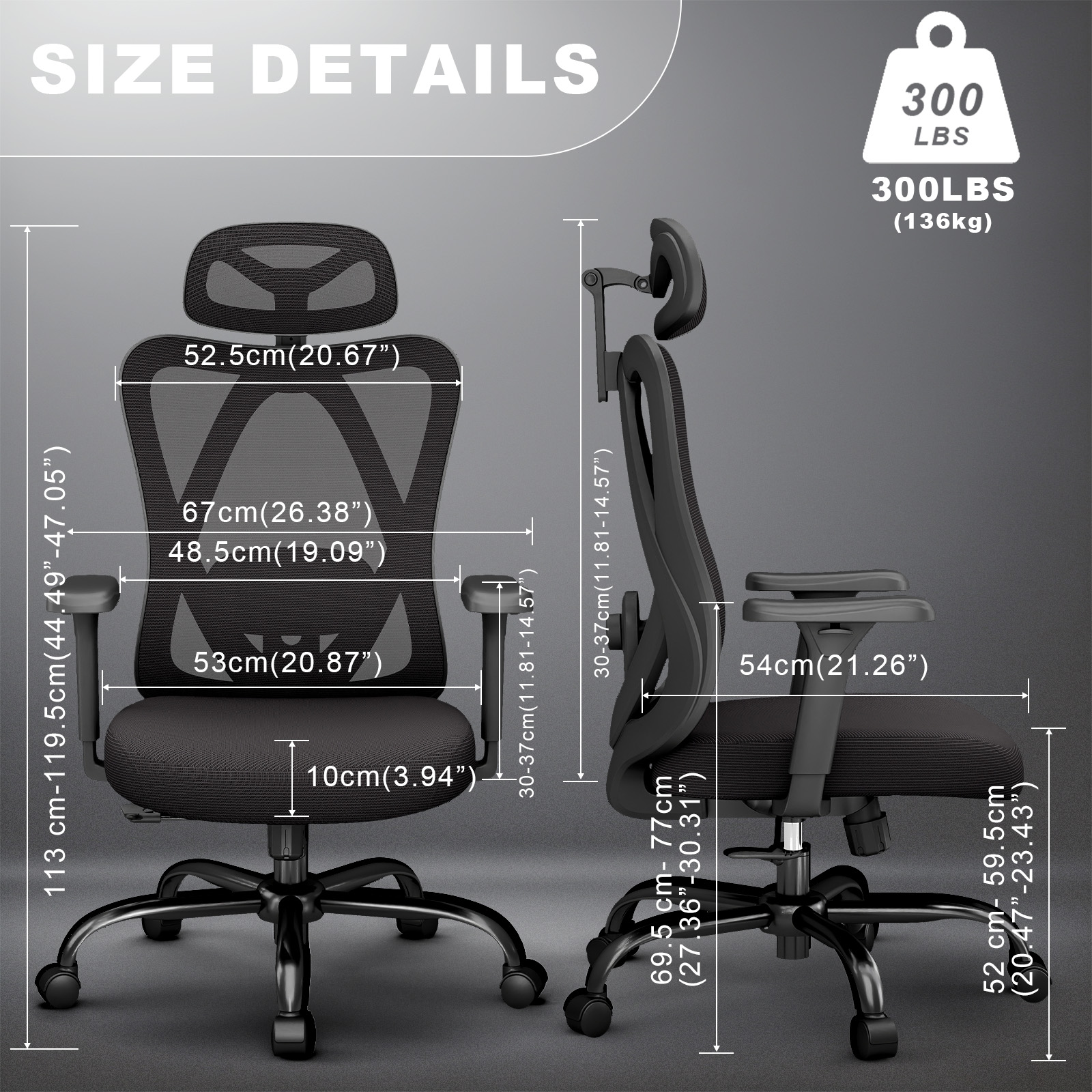 YERAIRR Highback  Mesh Office Chair with Adjustable Headrest, Lumbar Support, and 3D Armrests Ergonomic Swivel Task Chair  Black