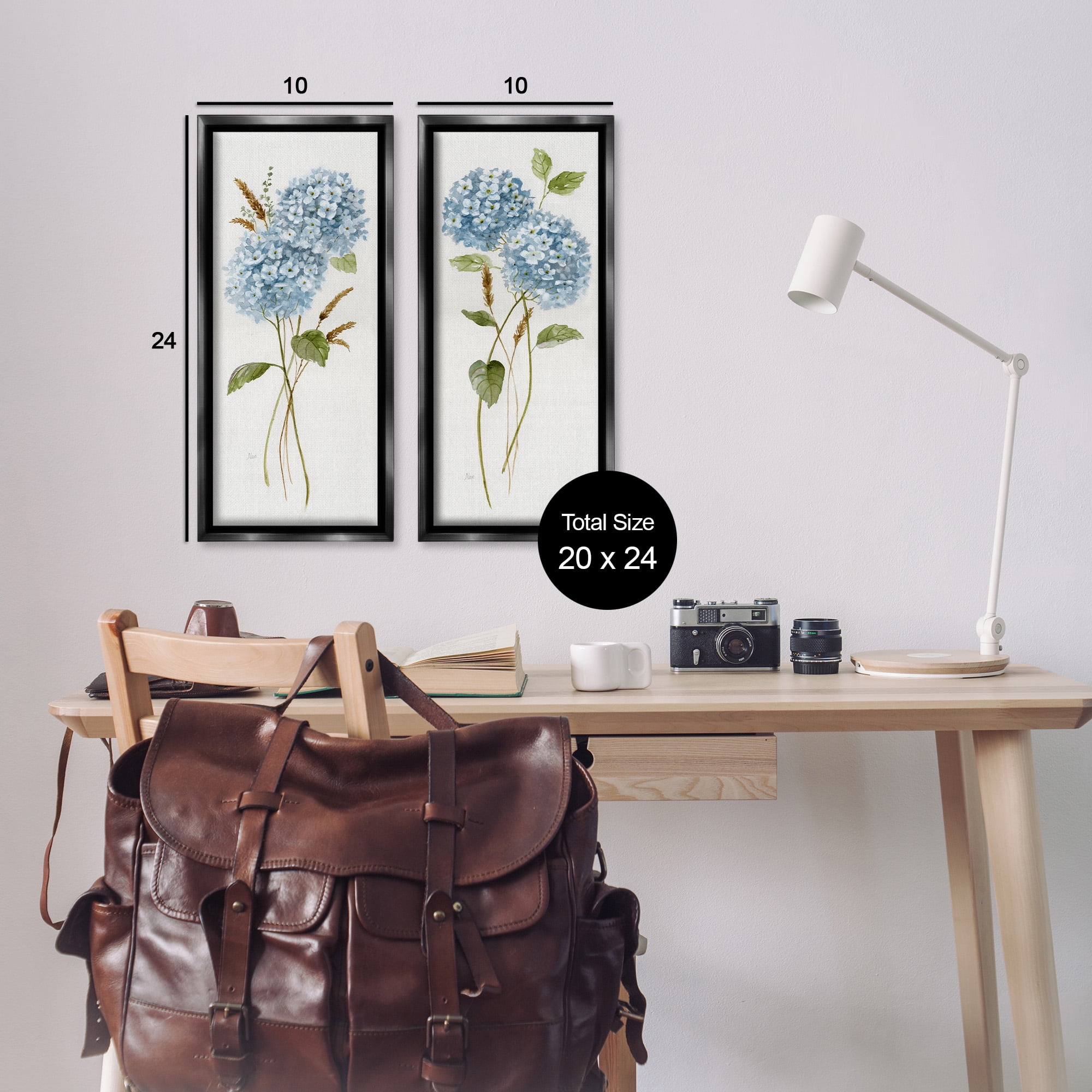 Stupell Industries Blue Hydrangea Long Stems Botanical & Floral Painting Black Floater Framed Canvas Art Print Wall Art, 11 x 25, Set of 2
