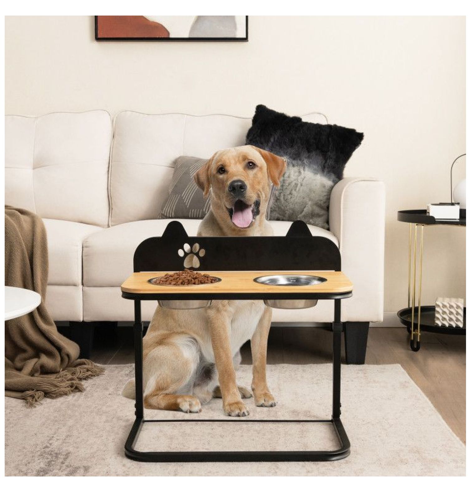 Elevated Dog Bowls with Stand - 2 Stainless Steel Bowls - Adjustable Height - Bamboo Tabletop - for Medium & Large Dogs - Pet Feeder