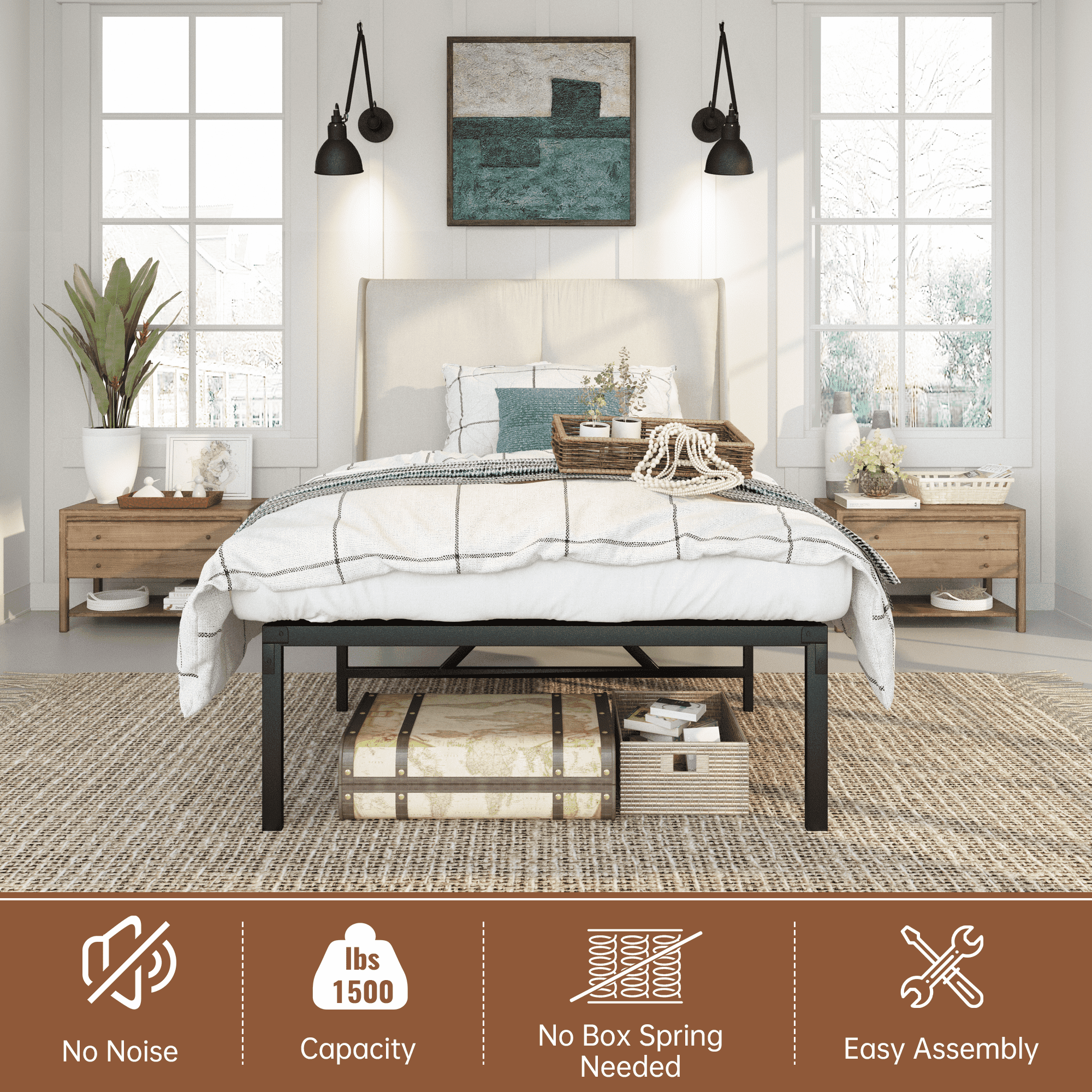 Baxluxe 15-inch oversized double bed frame, heavy-duty metal double platform bed frame, no spring mattress required, no noise, easy to assemble, black