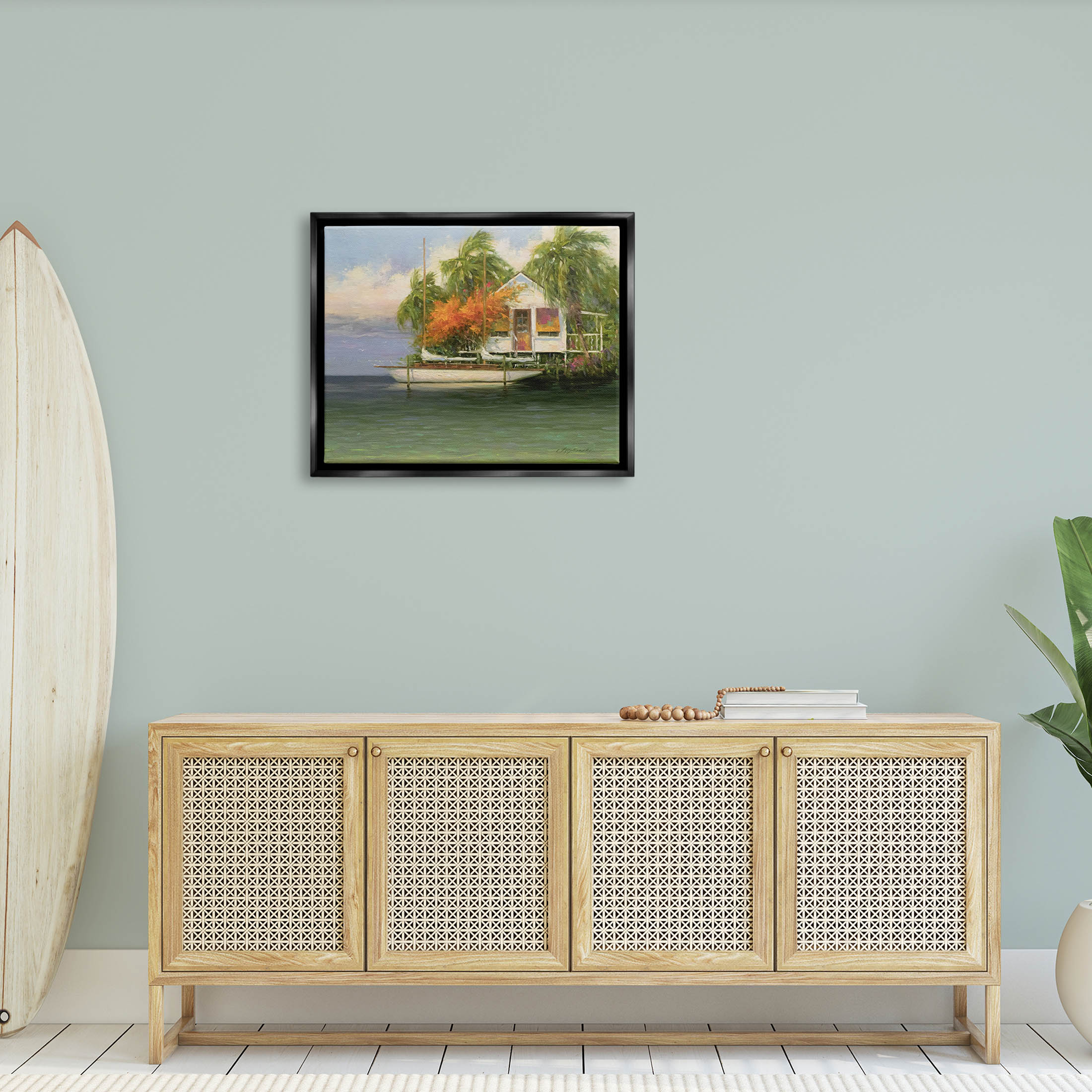 Tropical Seaside House Boat Landscape Painting Jet Black Framed Art Print Wall Art