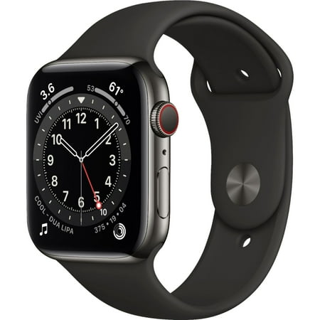 Pre-Owned Apple Watch Series 6 44mm GPS + Cellular Unlocked - Graphite Stainless Steel Case - Black Sport Band (2020)