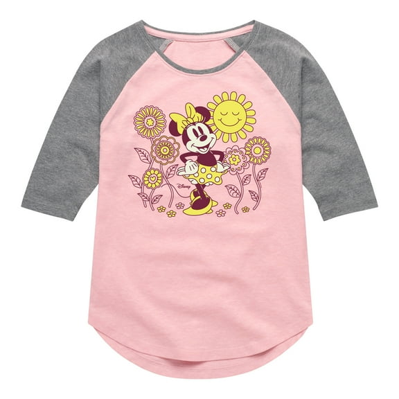 Disney - Mickey & Friends - Minnie Mouse - Flowers & Sun - Happiness - Toddler And Youth Girls Raglan Graphic T-Shirt