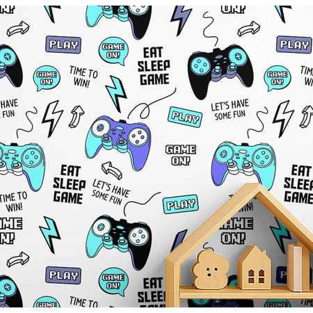 S4Sassy Peel & Stick Vinyl Wallpaper, Gaming Print Wallpaper Contact Paper Waterproof - Blue, 25"X 120", Removable Walls Covering For Kids Room Wall Decor, Baby Room, Playroom