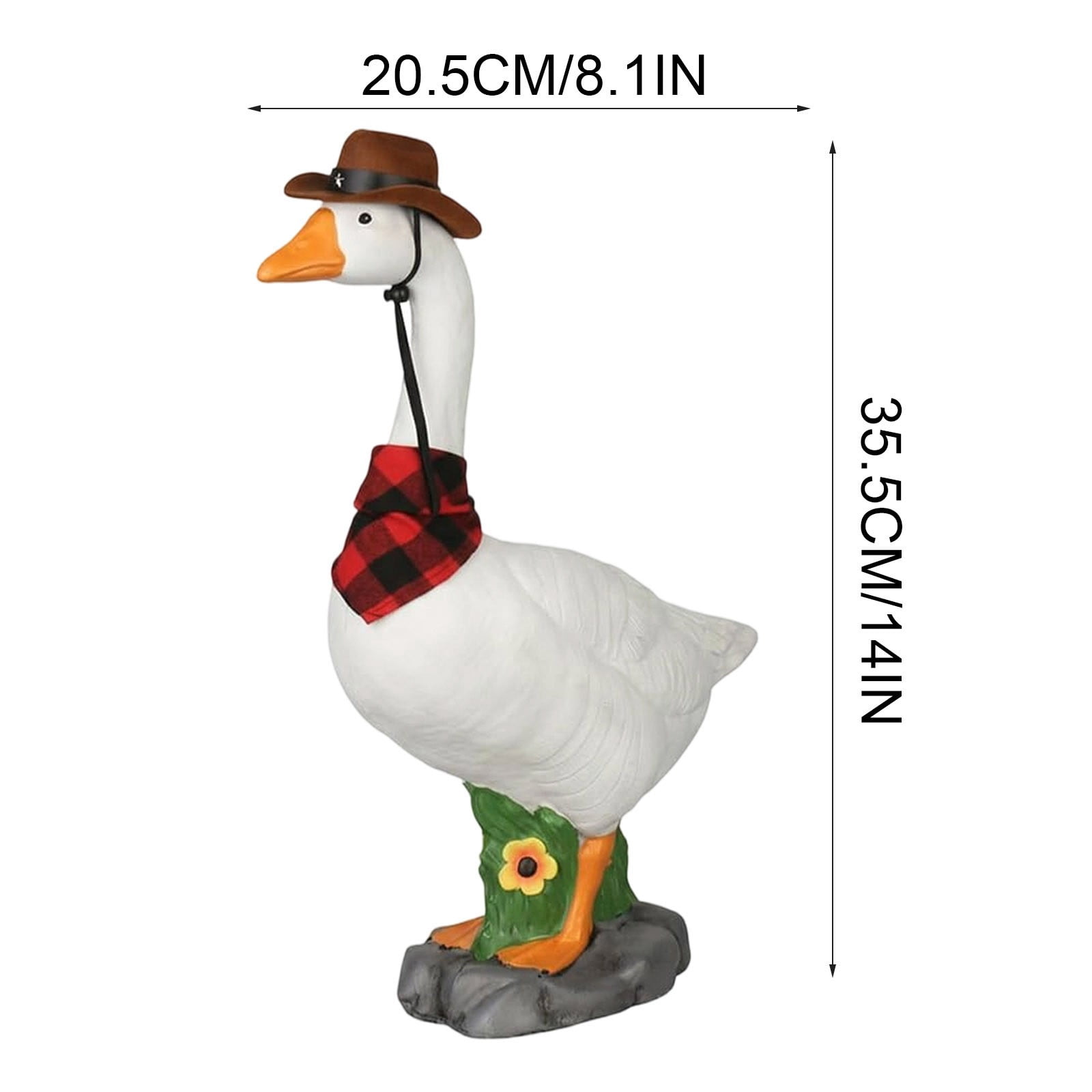 AHGQT Premium Adjustable Large Porch Goose Statue, 14” Realistic Hollow Plastic Garden Goose with Removable Cowboy Hat & Bandana, Stone Base with Sand-Fillable Design for Outdoor Stability