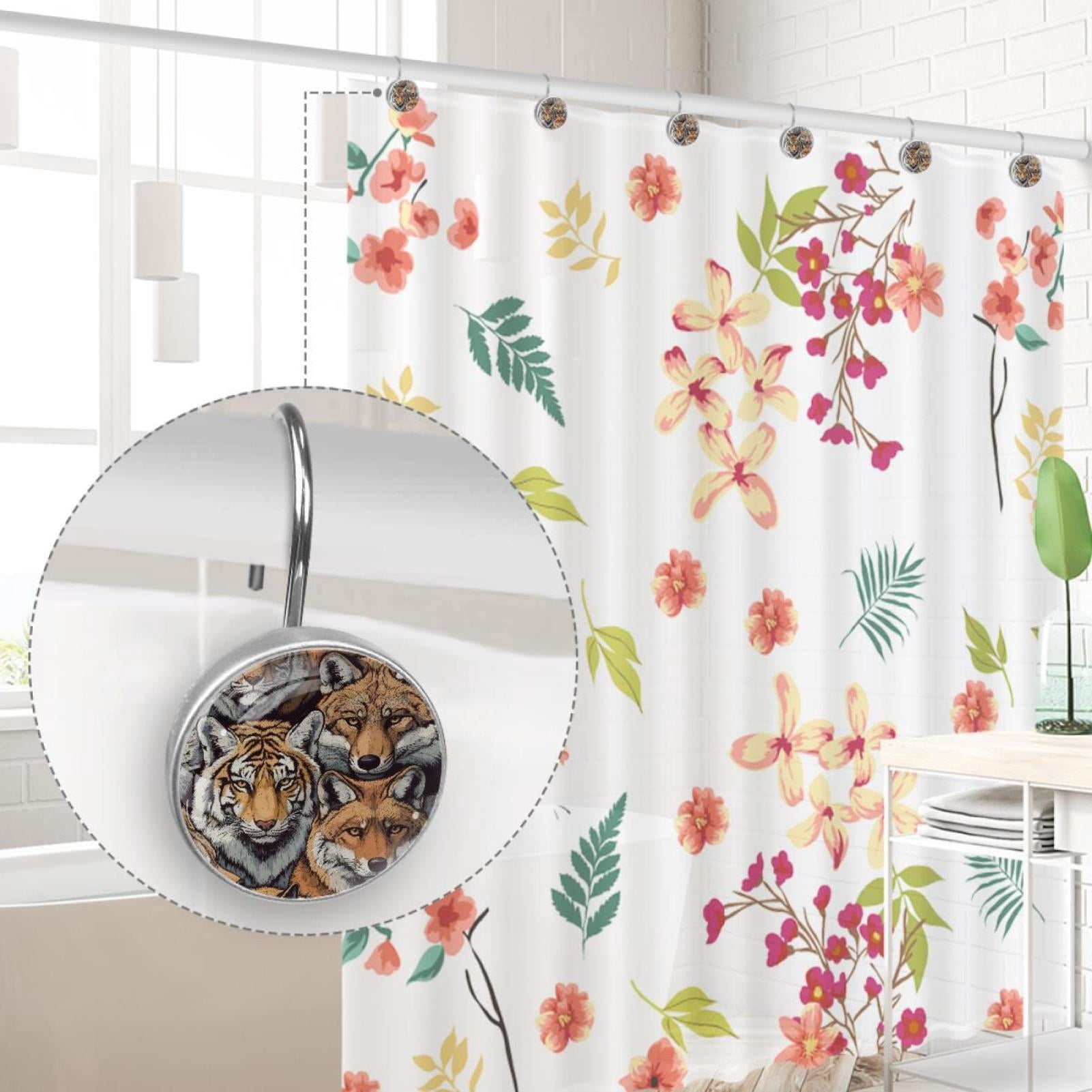 Tigers and Foxes Animal Shower Curtain Hooks Round Crystal Glass, Set of 12 Shower Curtain Rings - Shower Hooks for Curtain Shower Rings