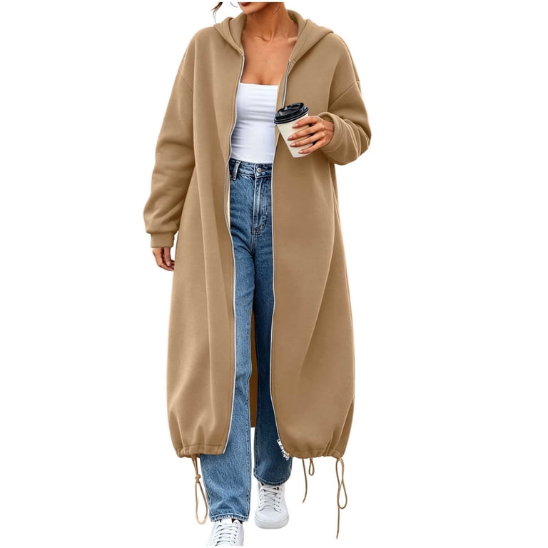 Women's Long Sleeve Zip Up Hoodie， Drawstring Hem Loose Hooded