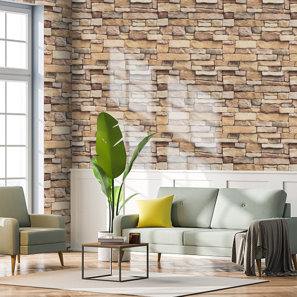 Arthome Rock Wallpaper Peel and Stick 17''x120'' Self Adhesive Contact Paper Waterproof Stone Brick Vinyl Film Wall Paper for Bedroom Living Room Fireplace Backsplash Wall Covering（Brown）