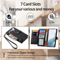 thumbnail image 6 of For Samsung Galaxy S25 Ultra 5G Leather Phone Case Wallet Zipper Pocket Pouch Folio Flip Cover Kickstand, Multi Anti-theft Card Holder Cash Slot, Double Magnetic Buckle, Wrist Lanyard,Black, 6 of 11