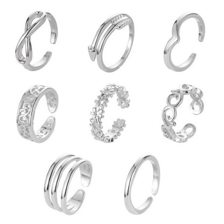 8pcs Toe Rings Set for Women, Adjustable Alloy Beach Summer Fashion Jewelry, Silver Wave Arrow Infinity Open Barefoot Finger Rings