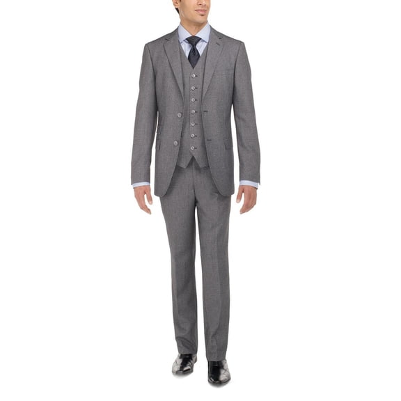 Mens Ticket Pocket Three Piece Gray Modern Fit Vested Suit