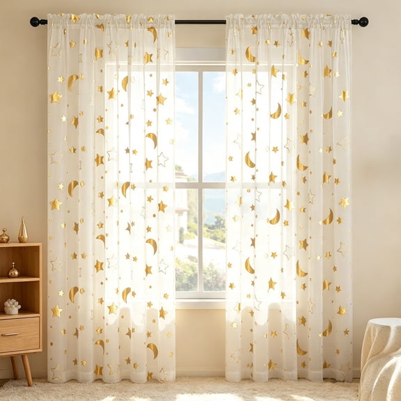 MMJ Sheer Curtains Gold Foil Star Print Semi Sheer Panel Light Filtering Rod Pocket Window Drape Living Room Decor 35.43x84.25in