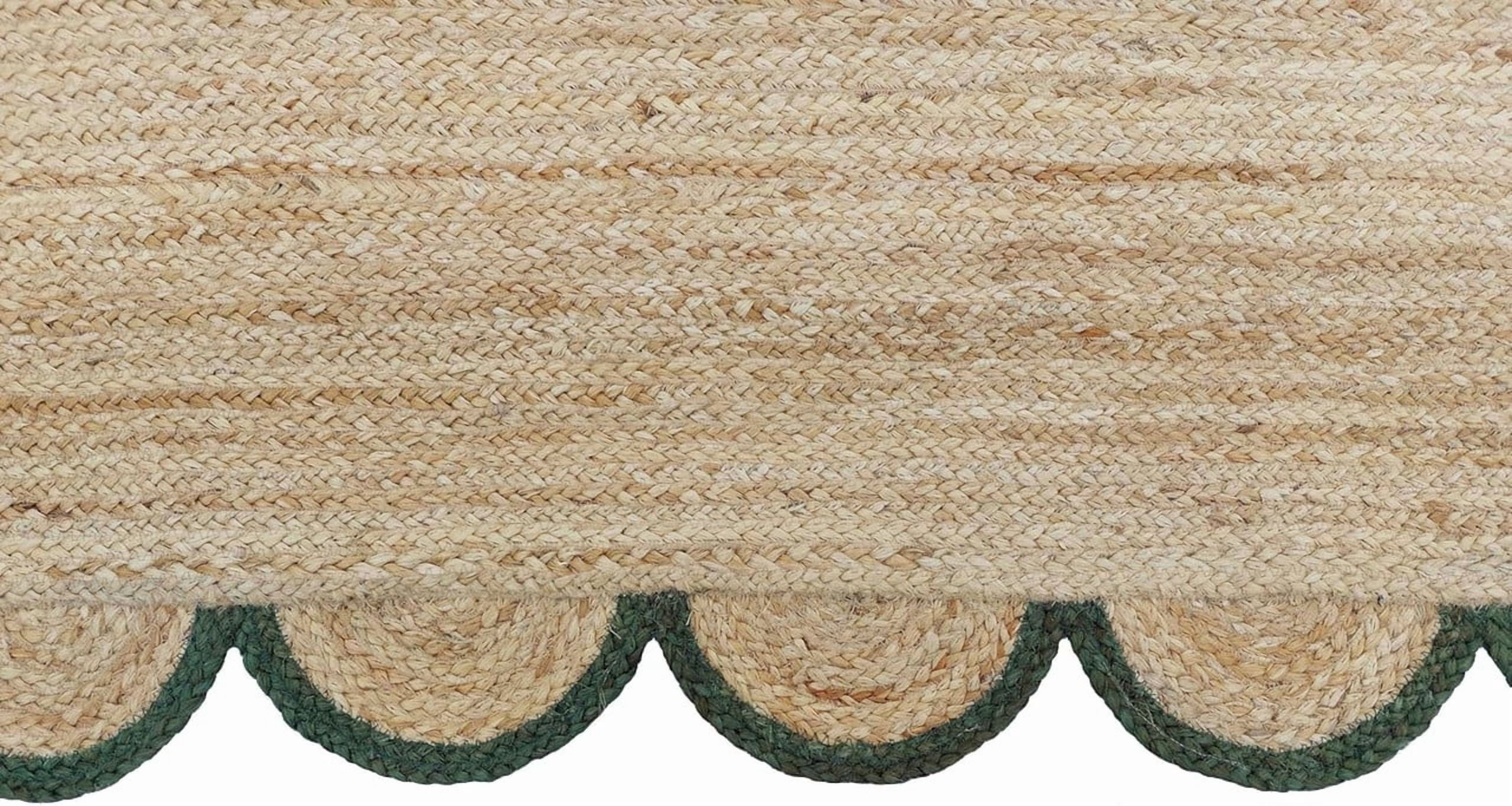 4x6 Ft Green Border Premium Scalloped Jute Rug – Handcrafted Natural Braided Carpet for Living Room, Bedroom, Entryway, Boho Home Decor