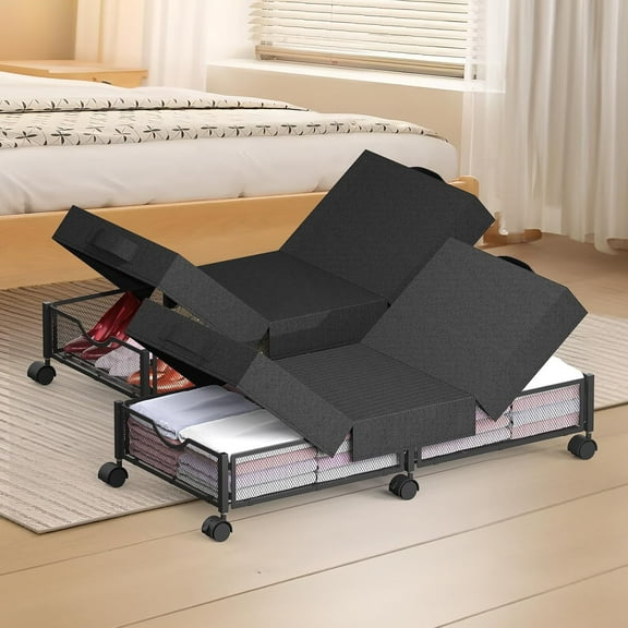 2 Pack Under Bed Storage with Wheels, 36" Lengthen Underbed Storage Containers with Lids, Large Capacity Under Bed Shoe Storage, Metal Clothes Organizer for Clothing Shoes Blankets Sheet