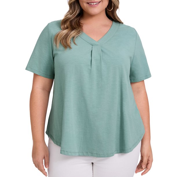GRACE & GRANDEUR Camisetas de mujer talla grande con cuello en V, de manga corta, ajuste holgado, casual, de moda, blusa plisada 2X verde
