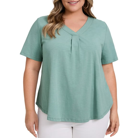 GRACE & GRANDEUR Women's Plus Size T-shirts Banded V Neck Short Sleeve Loose Fit Casual Trendy Pleated Blouse 2X Green