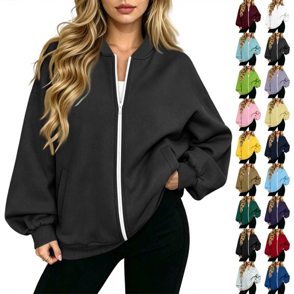 Evdexr Women Sweatshirts Long Sleeve Zip Up Drop Shoulder Jackets Winter 2026 Casual Trendy Sweatshirt Solid Loose Fit Oversized Athletic Jacket with pockets 2XL