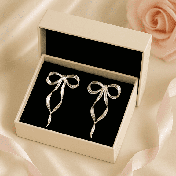 Elegant Silver Bow Drop Earrings for Women, Lightweight Ribbon Statement Jewelry