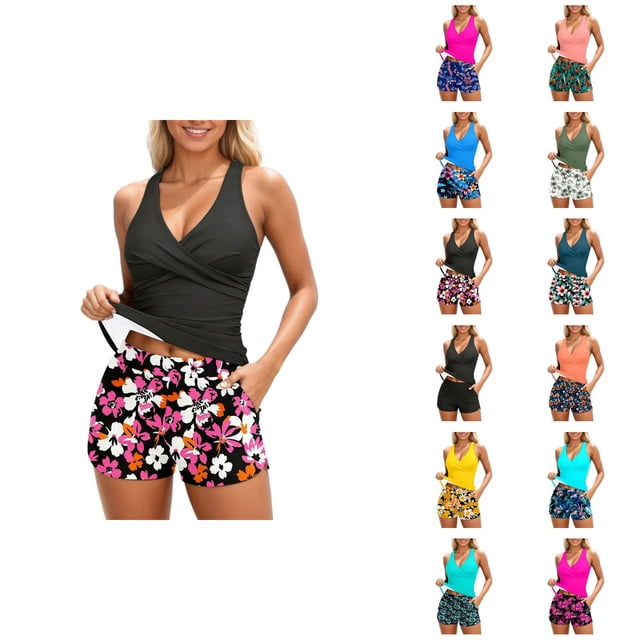Womens Tankini Swimsuits 2026 Fashion Modest Deep V Neck Crossover Top with Swim Shorts Two Piece Bathing Suits Woman