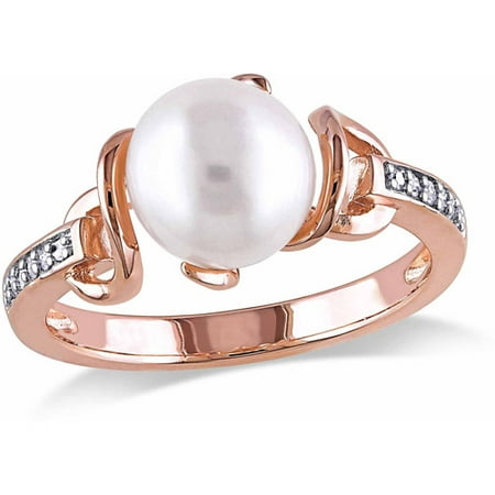 Miabella 8-8.5mm White Round Cultured Freshwater Pearl and Diamond Accent Rose Rhodium-Plated Sterling Silver Cocktail Ring