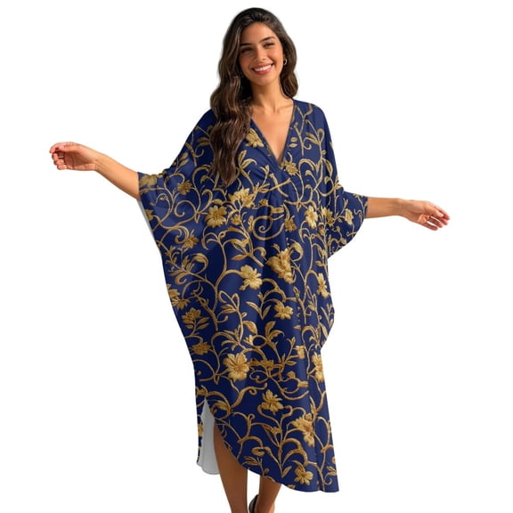 DISNIMO Floral Printed Kaftan Dresses for Women Plus Size Swimsuit Cover Up Batwing Sleeve Caftan Dress Long Bathing Suit Coverups for Summer Beach Vacation