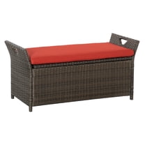 27 Gallon Patio Wicker Storage , Outdoor PE Rattan Patio Furniture, 2-In-1 Large Capacity Rectangle Garden Storage Box with Handles and Cushion, Red
