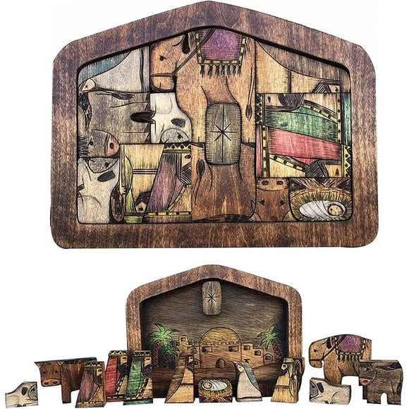 Estatua de rompecabezas de madera de Jesús, rompecabezas de natividad con diseño de madera quemada, rompecabezas de madera de Jesús, juego de natividad, juego de rompecabezas para adultos y niños