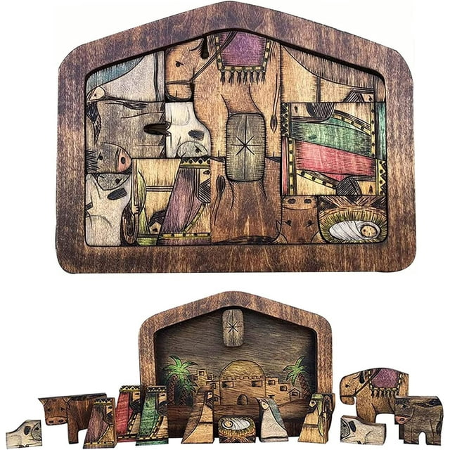 Estatua de rompecabezas de madera de Jesús, rompecabezas de natividad con diseño de madera quemada, rompecabezas de madera de Jesús, juego de natividad, juego de rompecabezas para adultos y niños