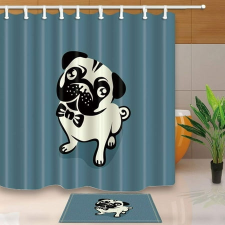 ARTJIA Animals Decor Cartoon Pug Dog Puppy Sadly for Kids Shower Curtain 66x72 inches with Floor Doormat Bath Rugs 15.7x23.6 inches