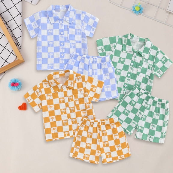 Baby Boy Outfits Boy Checkered Tree Print Short Sleeve Collared Shirt and Shorts Set Boys' Clothing Sets Blue 2-3 Years