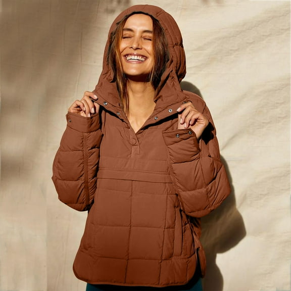 Women's Quilted Pullover Puffer Jacket Oversized Long Sleeve Hooded Coats Winter Warm Lightweight Outwear with Pocket
