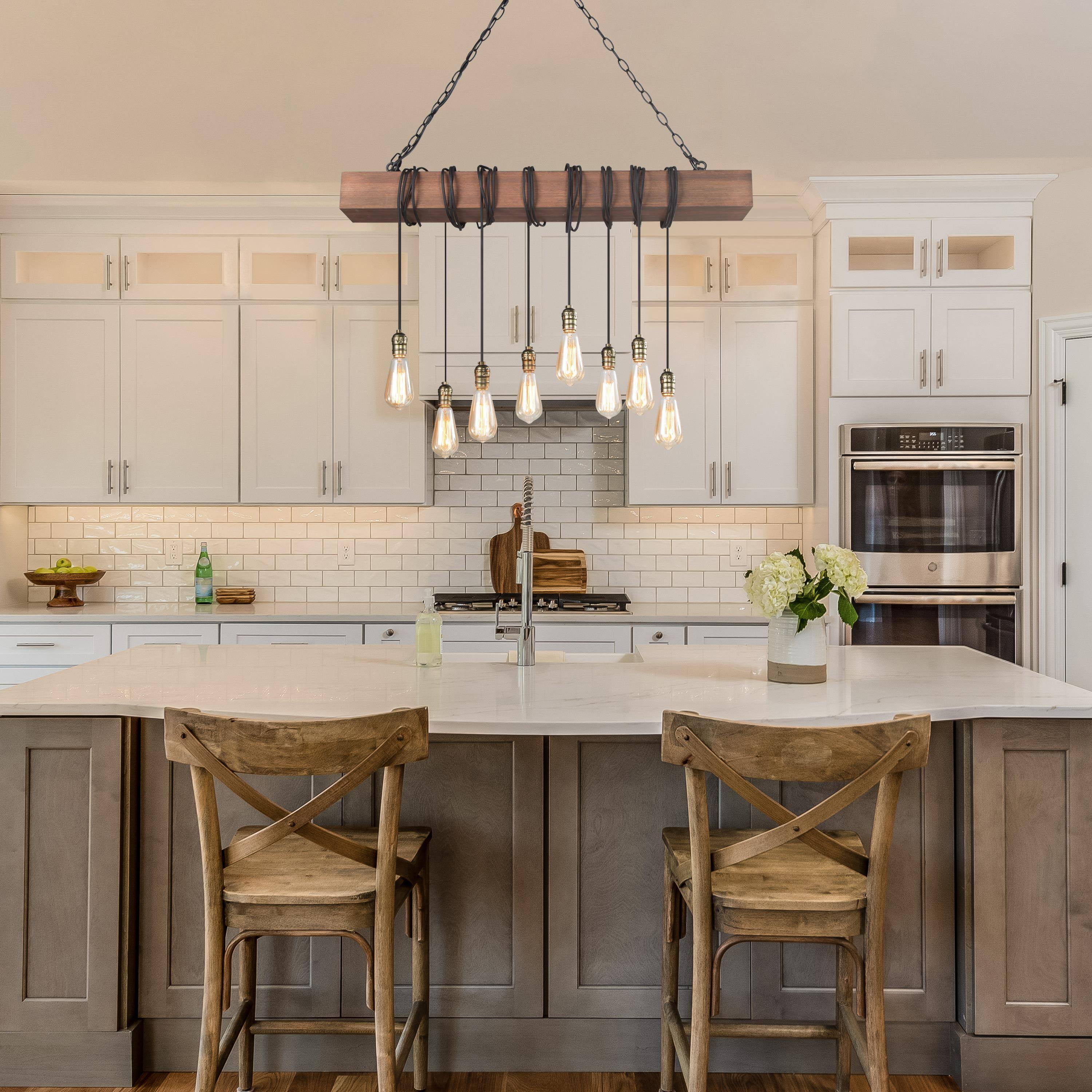LNC 8-Light Dark Brown Wood and Black Linear Farmhouse Bare Bulb LED Chandelier, Large Linear Modern Farmhouse Chandeliers Light for Dining Room, Kitchen Island, Bedroom
