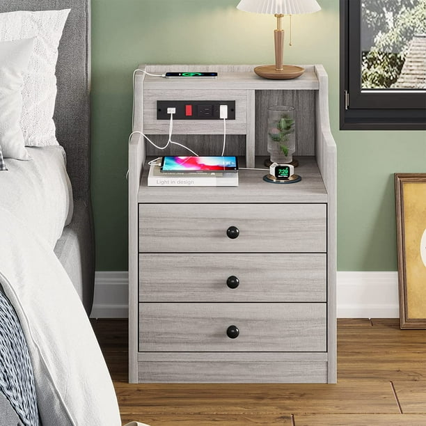 ADORNEVE Nightstand with Charging Station and 3 Storage Drawers, Grey