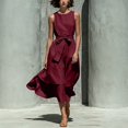 thumbnail image 4 of NTACZA Summer Dresses A-Line Maxi Cotton Lien Sleeveless Flowy Round Neck Ruched Waist Vacation Casual Front Tie Beach Red XXXL, 4 of 7