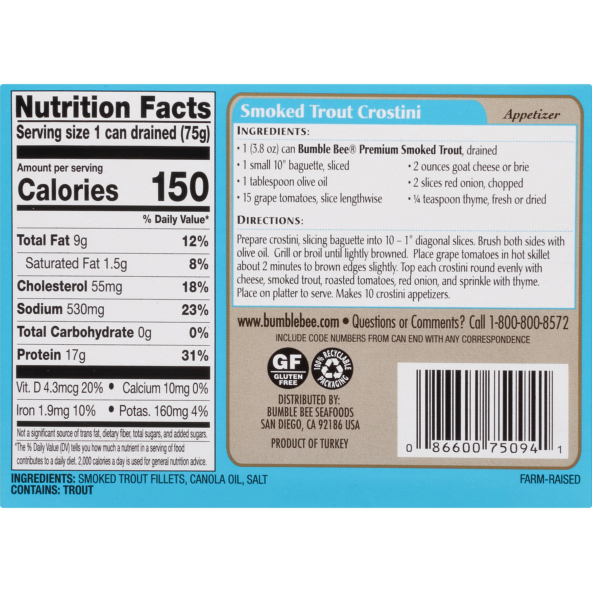 Bumble Bee Skinless & Boneless Smoked Trout Fillets, Gluten Free, 17g Protein per Serving, Ready to Eat, Shelf Stable Tin Can, 3.8 oz