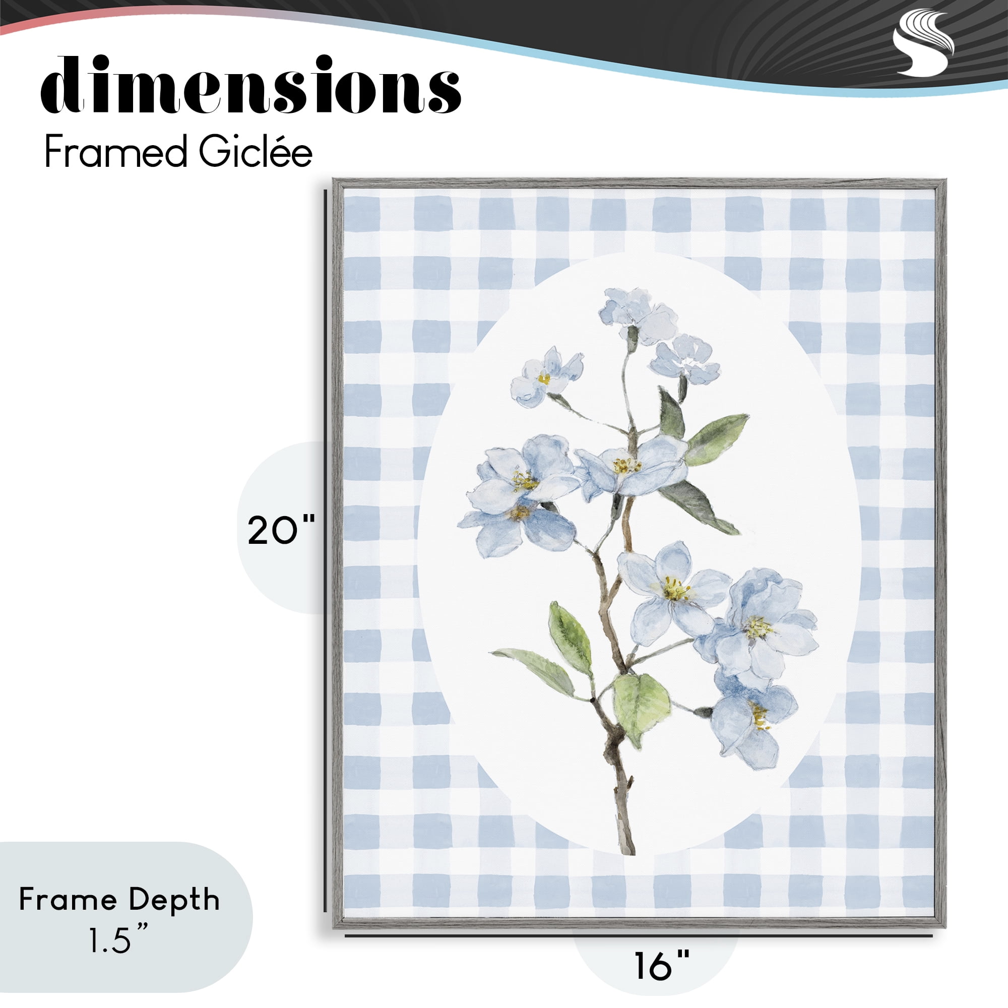Stupell Industries Blooms on Blue Checkers Gray Framed Giclee Art, design by Lanie Loreth