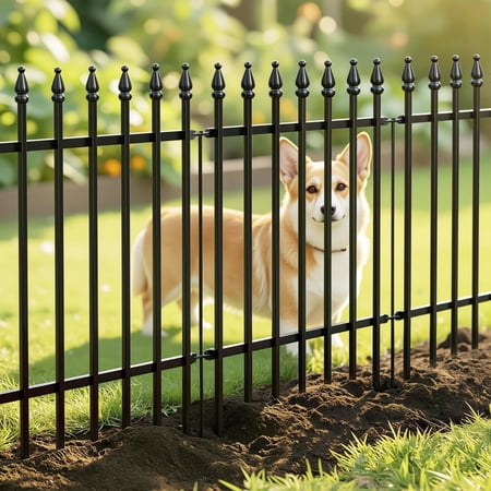Metal Garden Fence 24" H x 24" W (5 Pack, Length 10 ft), No Digging Decorative Garden Border Fence, Rustproof Black Fence Panels for Flower Bed, Yard, Patio, Small Animal Barrier