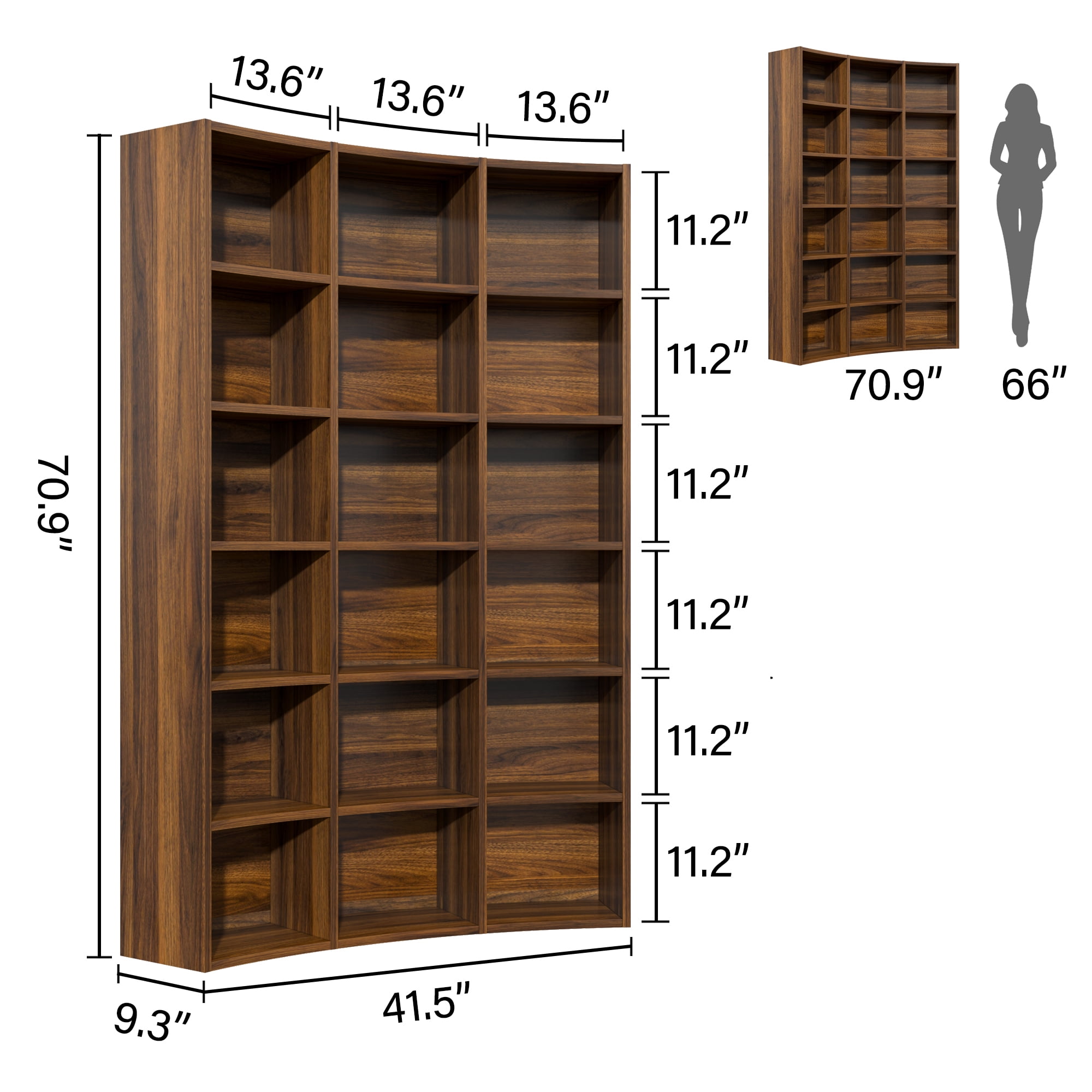 Cikuso 71" Triple Width Bookcase, 18-Cube Curved Bookshelf Corner Bookcase, Curve Shape Display Storage Shelf for Living Room, Home Office, Brown