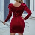 thumbnail image 4 of Summer Dresses For Women 2023 Cocktail Women Black Solid Club Night Square Collar Long Sleeve Puff Sleeve Velvet Bodycons Party Split Fork Short Dress Formal Split Sling Bodycon Dress, 4 of 6