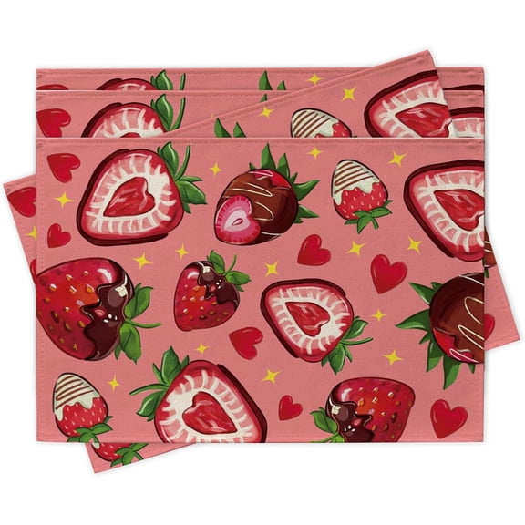 Valentines Day Strawberry Placemats Set of 4, Red Love Hearts Chocolate Dining Place Mats Table Decor, Anniversary Wedding Home Kitchen Decoration 12 x 18 Inch