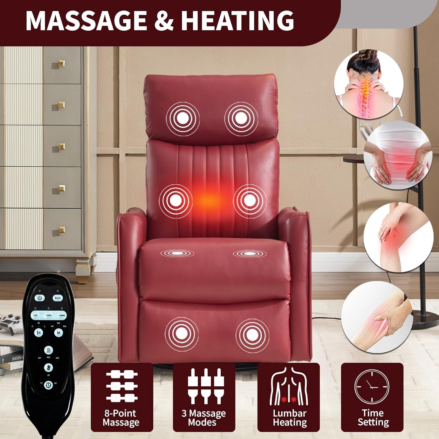 High Back Manual Recliner Chair with Heat & Massage, Swivel Rocker for Living Room Bedroom, Red