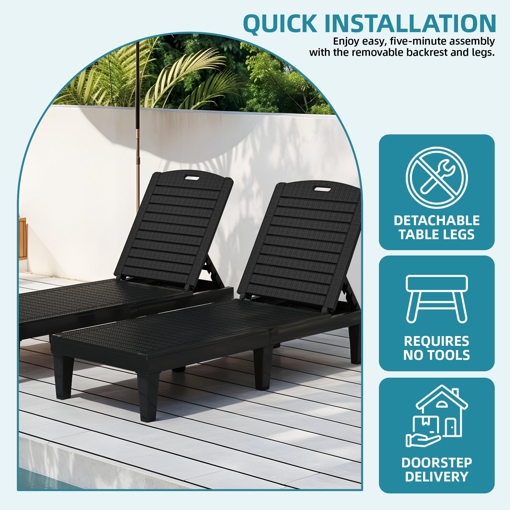 Uforic Outdoor Plastic Chaise Lounge Chair, 5-Position Adjustable Waterproof Poolside Recliner, Easy Assembly Patio Lounger for Garden Backyard, Black, 1 Piece