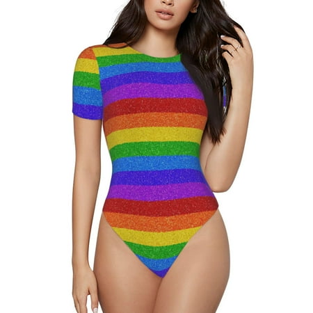 Daiia Colorful Glitter Rainbow Women S Crew Neck Short Sleeve Slim Fit T Shirts Tops Basic Bodysuit Leotard Clothing-Large
